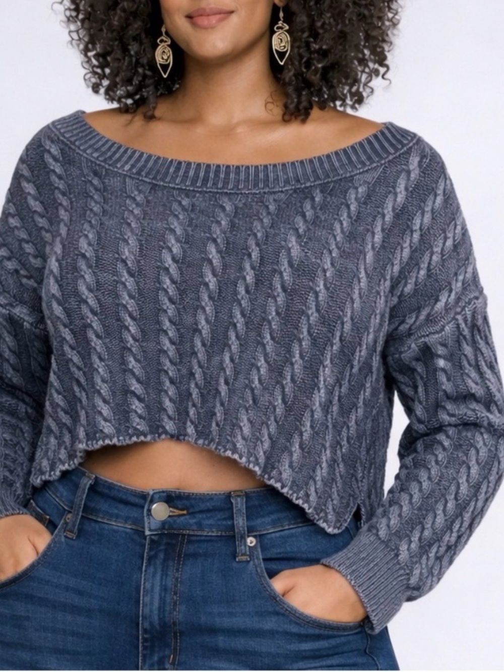 Lucky Brand Off-the-Shoulder Cable Knit Cropped Sweater - Gray Large